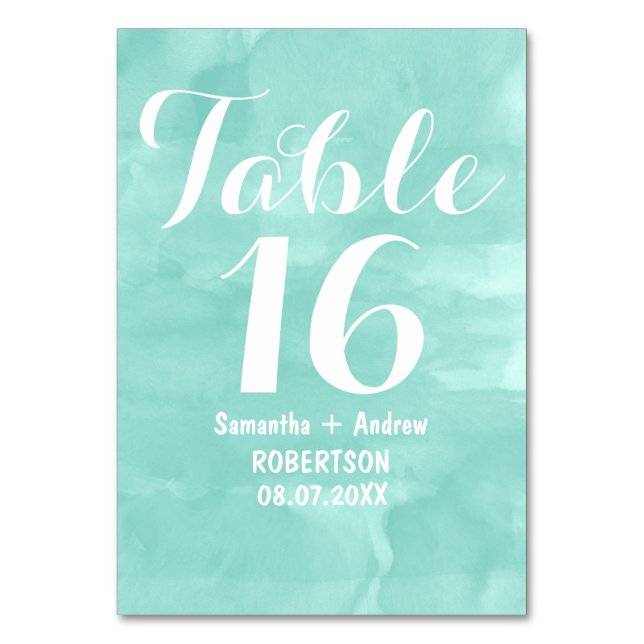 Modern aqua green watercolor table number (Front)