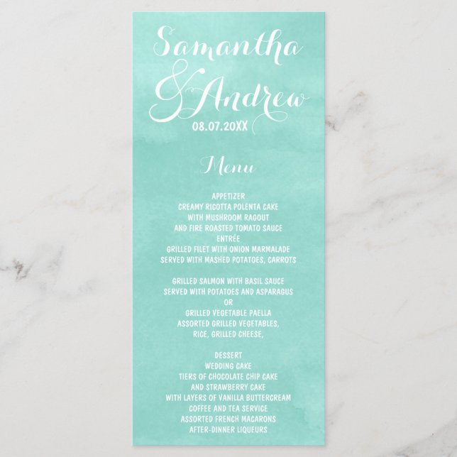 Modern aqua green watercolor wedding menu (Front)