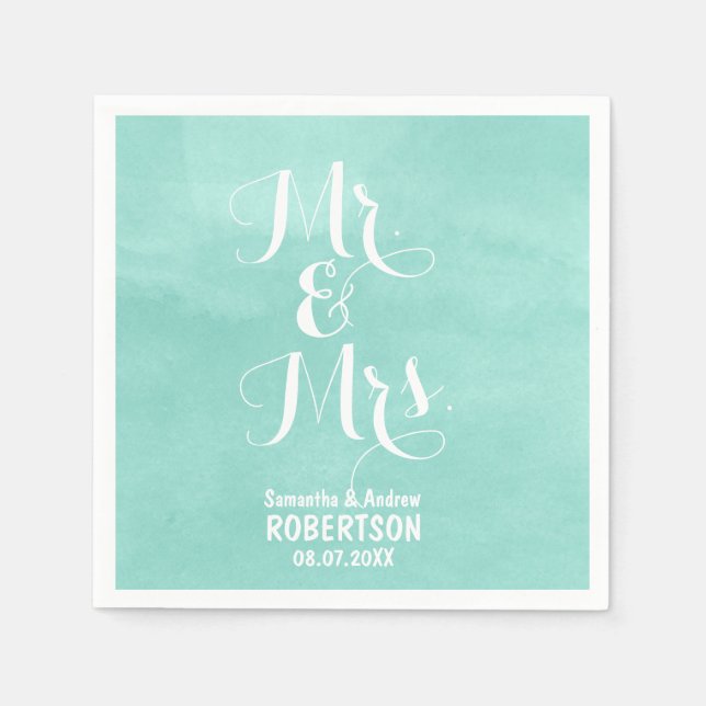 Modern aqua green watercolor wedding napkin (Front)