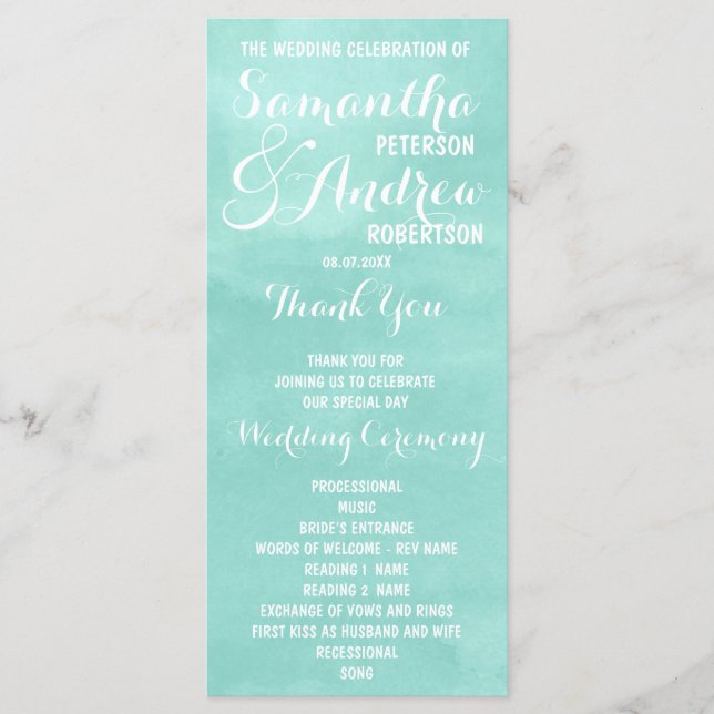 Modern aqua green watercolor Wedding Program Programme (Front)