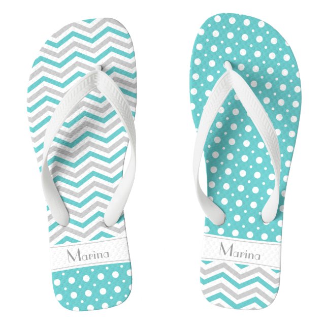 Modern aqua, grey, white chevron & polka dot jandals (Footbed)