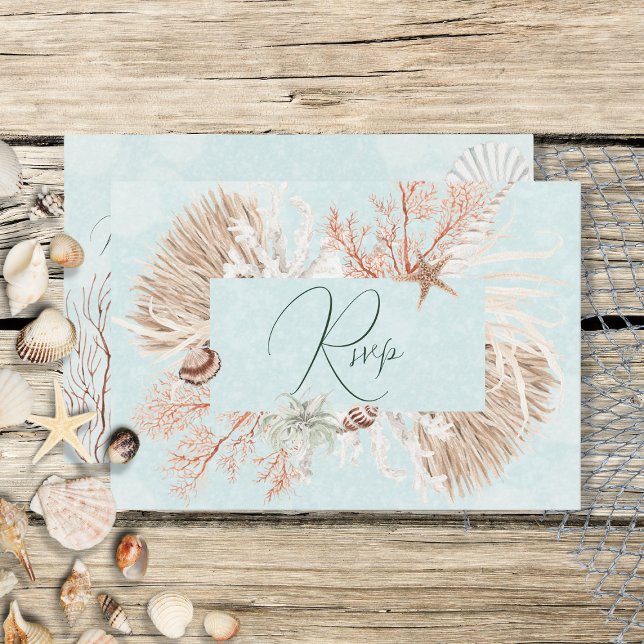 Modern Aqua Ocean & Shells Wedding RSVP Card (Creator Uploaded)