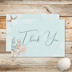 Modern Aqua Ocean Shells Wedding Thank You Card