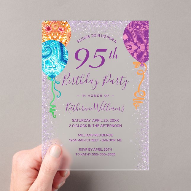 Modern Aqua Purple Balloons 95th Birthday Party Acrylic Invitations (Insitu (Handheld))