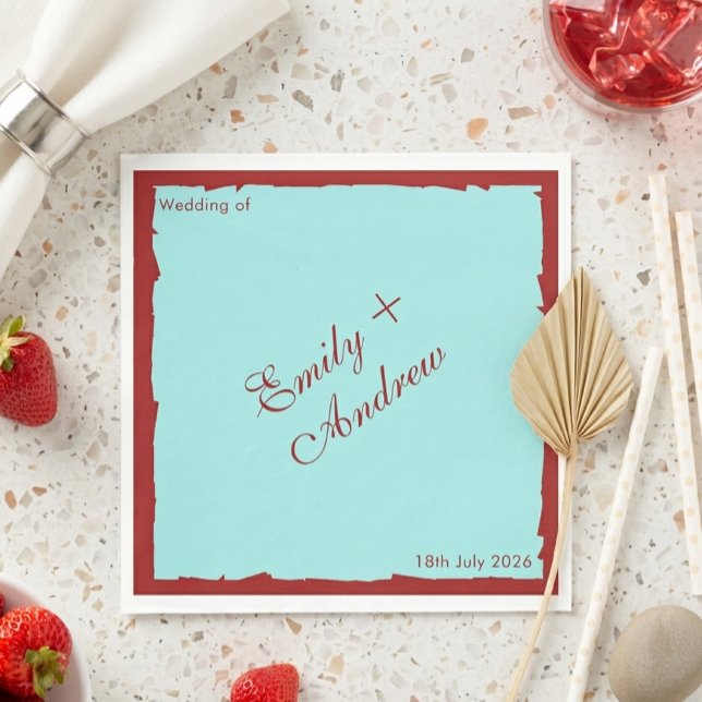 Modern Aqua Teal & Deep Red Wedding Invitation Napkin (Creator Uploaded)