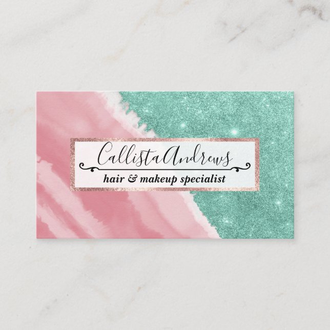 Modern Aqua Teal Pink Glitter Watercolor Beach Business Card (Front)