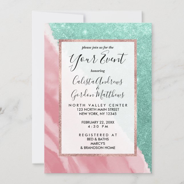 Modern Aqua Teal Pink Glitter Watercolor Beach Invitation (Front)
