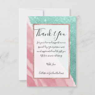 Modern Aqua Teal Pink Glitter Watercolor Beach Thank You Card
