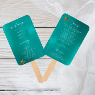 Modern aqua teal summer wedding program hand fan