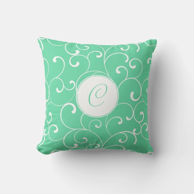 Modern Aqua Whimsical Curls with Monogram Cushion (Front)