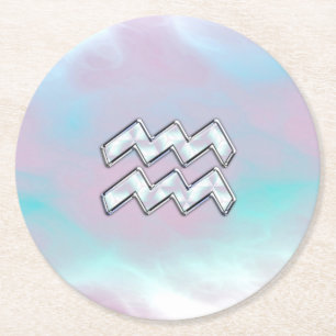 Modern Aquarius Sign on Mother of Pearl Style Round Paper Coaster