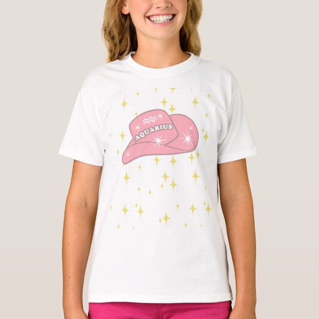 Modern Aquarius Zodiac Pink Cowgirl Hat Girl  T-Shirt (Front)