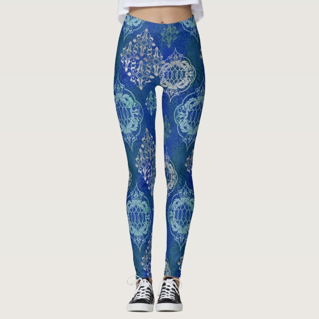 Modern Arabesque Moroccan Tile BOHO Art Pattern Leggings (Front)