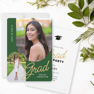 Modern Arch 2 Photo Grad Party Green Invitation