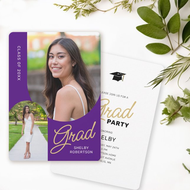 Modern Arch 2 Photo Grad Party Purple Invitation (Creator Uploaded)