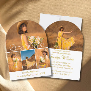 Modern Arch 5 Photo Collage Gold Script Graduation Invitation