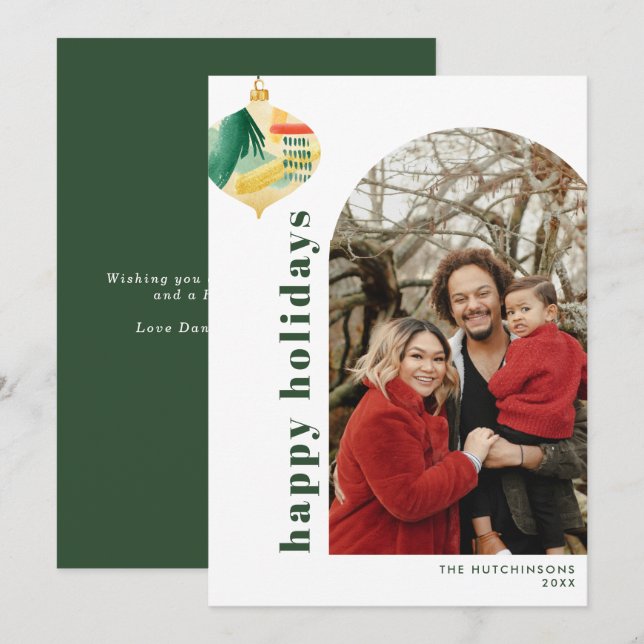 Modern Arch & Abstract Watercolor Ornament Photo Holiday Card (Front/Back)