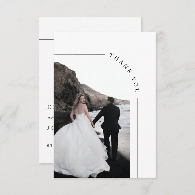 Modern Arch Black and White Photo Wedding Thank You Card (Front/Back)