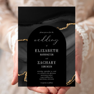 Modern Arch Black Gold Agate Wedding Invitation