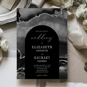 Modern Arch Black Silver Agate Wedding Invitation