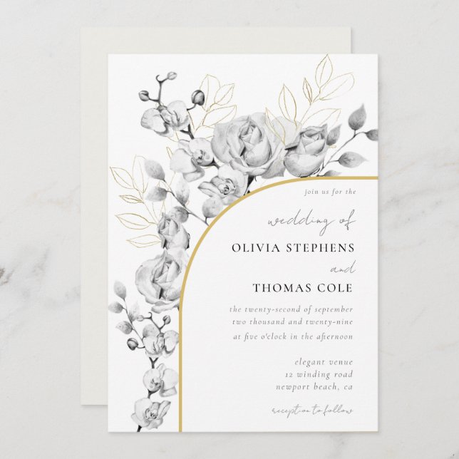 Modern Arch Black White Gold Floral Wreath Wedding Invitation (Front/Back)