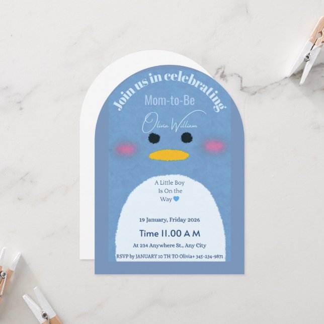 Modern Arch Blue Penguin Baby Shower Invitation |  (Front/Back In Situ)