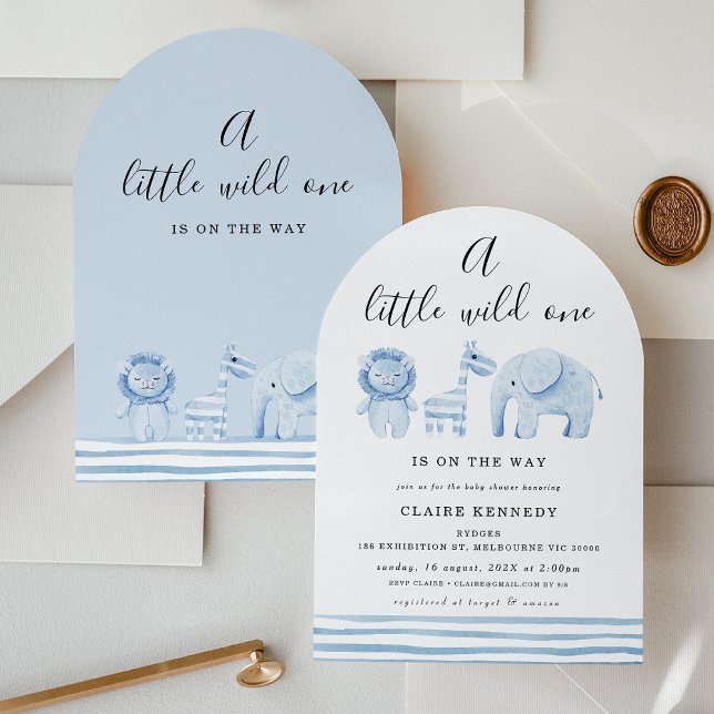 Modern Arch Blue Safari Wild One Baby Shower Invitation (Modern Boys Arch Safari Wild One Baby Shower Invitation, Safari Animals, A Wild One Is On The Way)