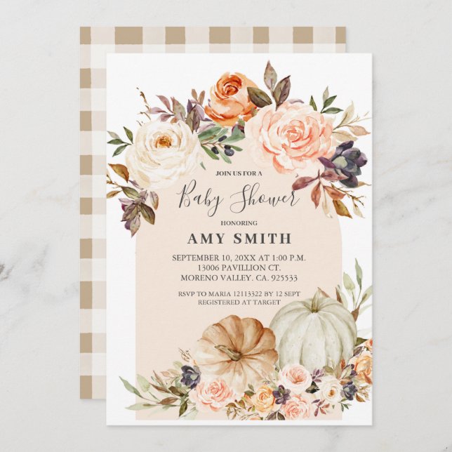Modern Arch Boho Floral Pumpkin Baby Shower  Invitation (Front/Back)