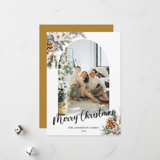Modern Arch Botanical Greenery & Photo Christmas Holiday Card (Front/Back In Situ)
