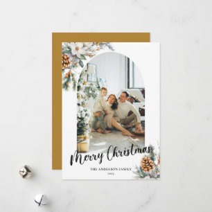 Modern Arch Botanical Greenery & Photo Christmas Holiday Card