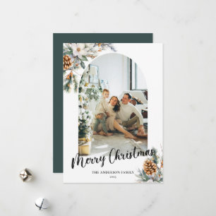 Modern Arch Botanical Greenery & Photo Christmas Holiday Card