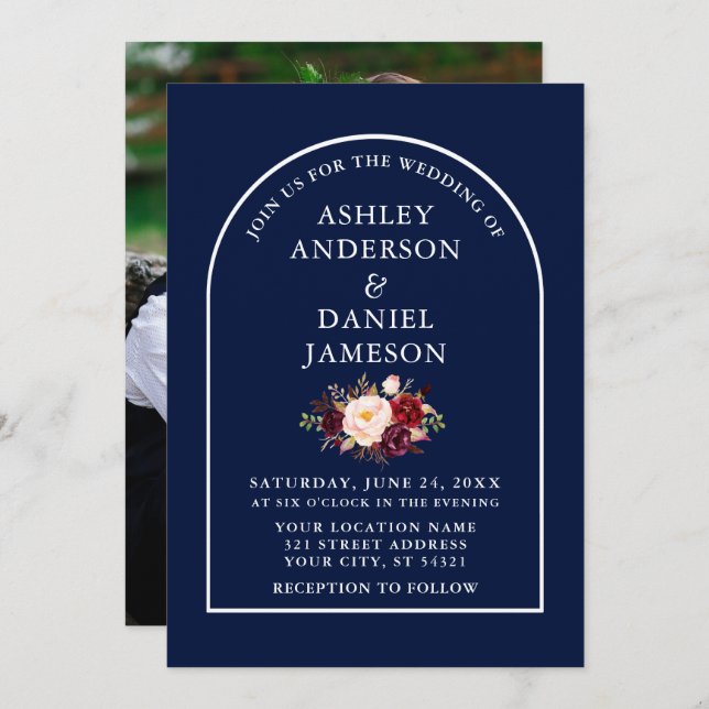 Modern Arch Burgundy Floral Blue Photo Wedding Invitation (Front/Back)