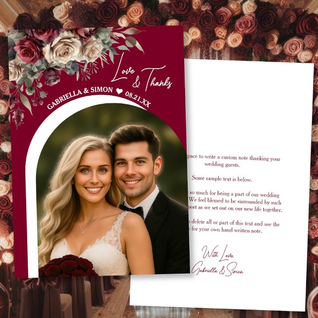 Modern Arch Burgundy Roses Love & Thanks Wedding Thank You Card (Front/Back)