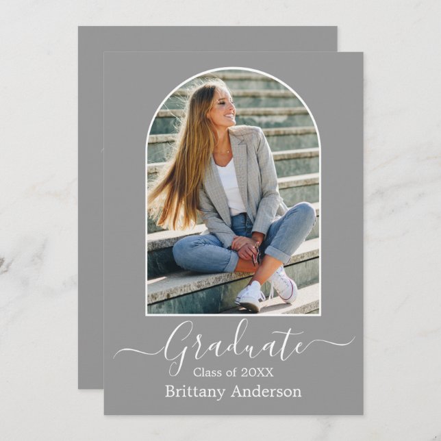 Modern Arch Calligraphy Grey Graduation Party Invitation (Front/Back)