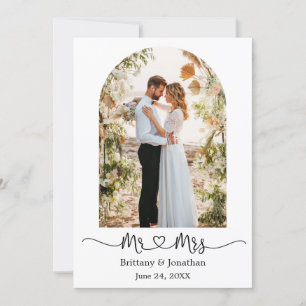 Modern Arch Calligraphy Heart Mr. and Mrs. Wedding Thank You Card