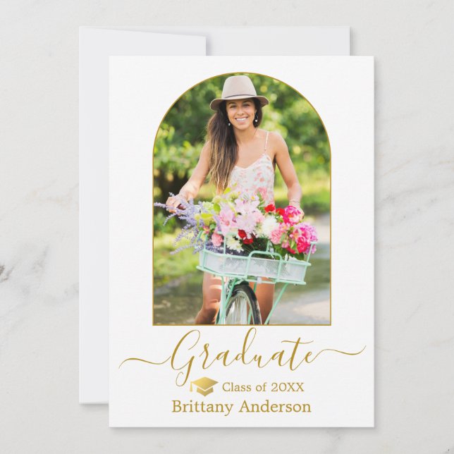 Modern Arch Calligraphy Photo Gold Cap Graduation Announcement (Front)