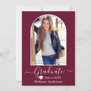 Modern Arch Cap Calligraphy Burgundy Graduation Announcement