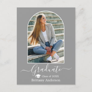 Modern Arch Cap Calligraphy Grey Graduation Postcard