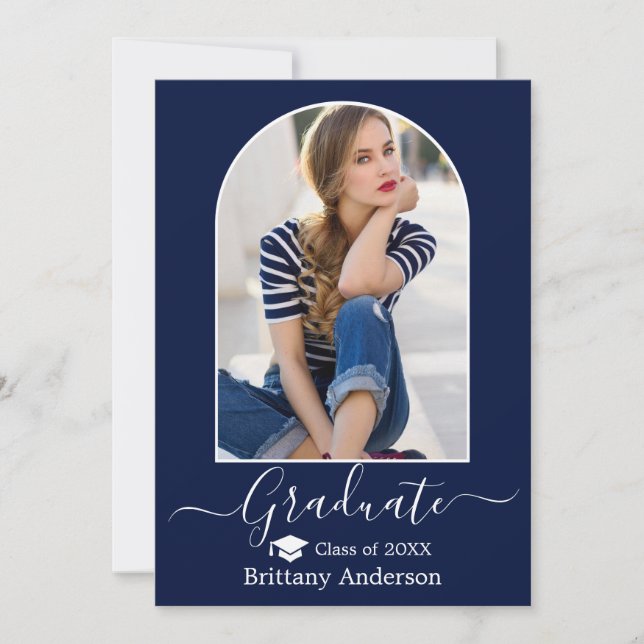 Modern Arch Cap Calligraphy Photo Blue Graduation Announcement (Front)