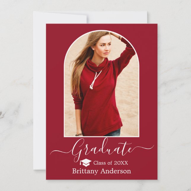 Modern Arch Cap Calligraphy Red Graduation Announcement (Front)