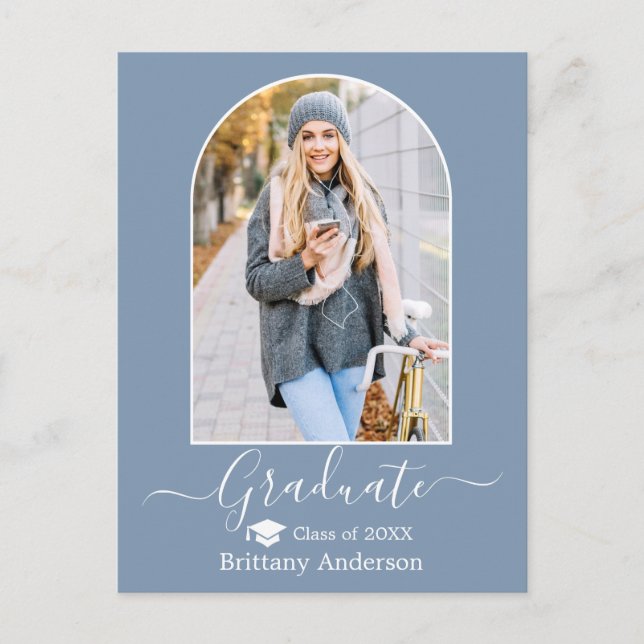 Modern Arch Cap Dusty Blue Photo Graduation Postcard (Front)