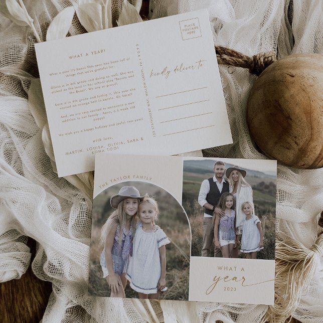 Modern Arch | Cream 3 Family Photos What A Year Holiday Postcard (Creator Uploaded)