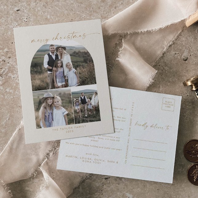 Modern Arch | Cream Photo Collage Family Christmas Holiday Postcard (Creator Uploaded)