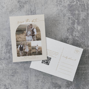 Modern Arch Cream QR Photo Collage Save the Date Invitation Postcard