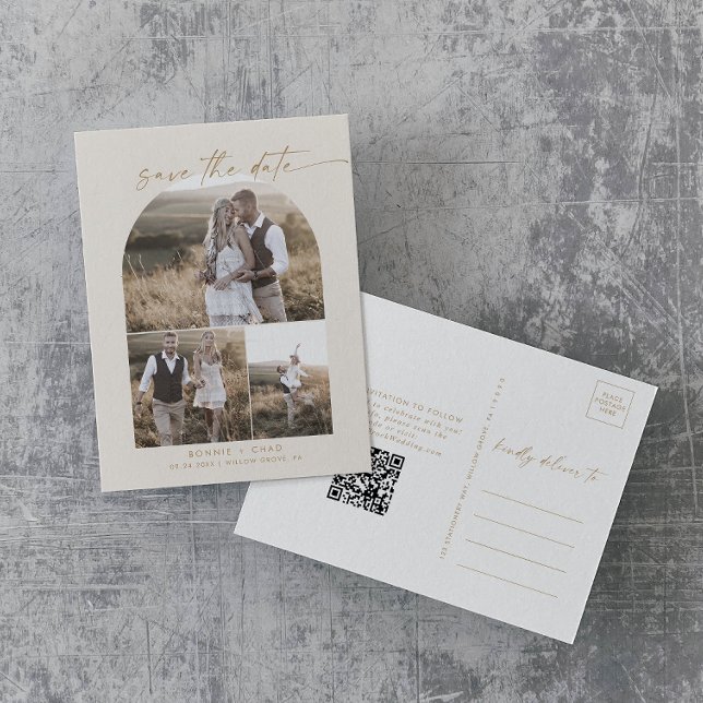 Modern Arch | Cream QR Photo Collage Save the Date Invitation Postcard (Creator Uploaded)