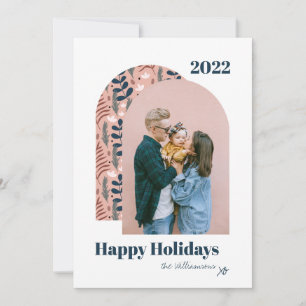 Modern Arch Custom Photo Pink Foliage 2022 Holiday Card