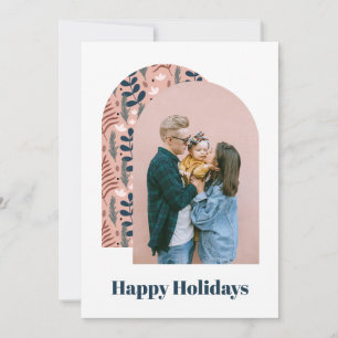 Modern Arch Custom Photo Pink Foliage Holiday Card