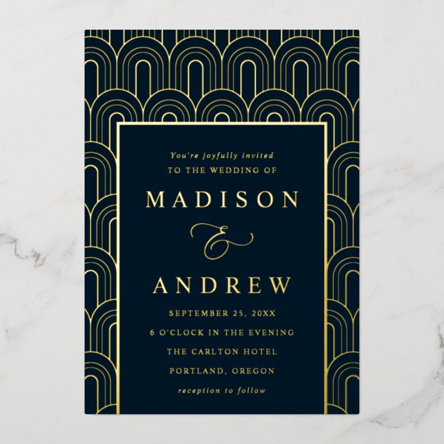 Modern Arch Deco Navy and Gold Wedding (Front)