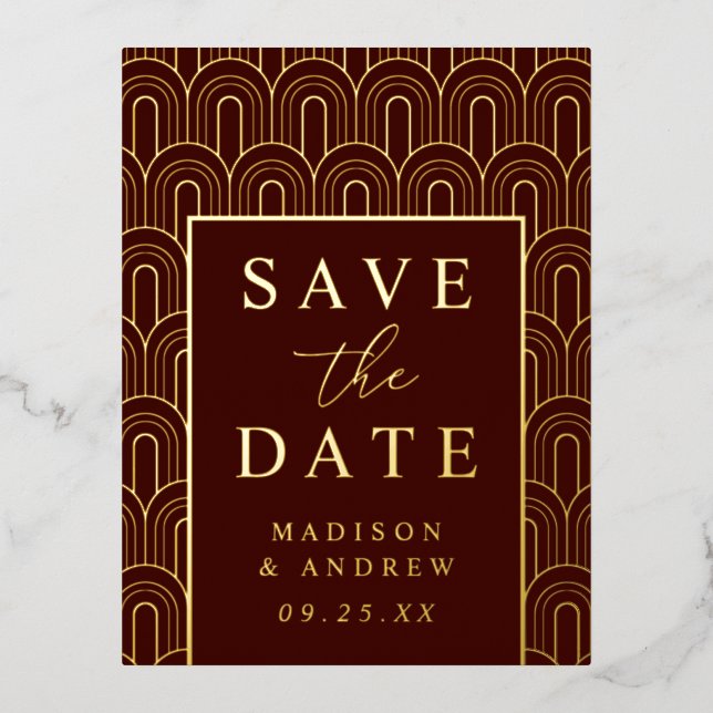 Modern Arch Deco Wedding Save the Date Foil Invitation Postcard (Front)