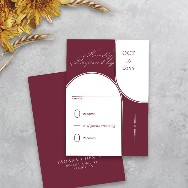 Modern Arch Elegant Calligraphy Burgundy Wedding RSVP Card (Modern arches burgundy wedding rsvp card from my Wedding Colors collection)